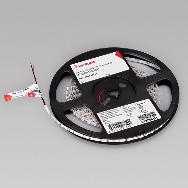 Светодиодная лента RT 2-5000 12V Blue 5mm 2x (3528, 600 LED, LUX) (Arlight, 9.6 Вт/м, IP20) Lednikoff