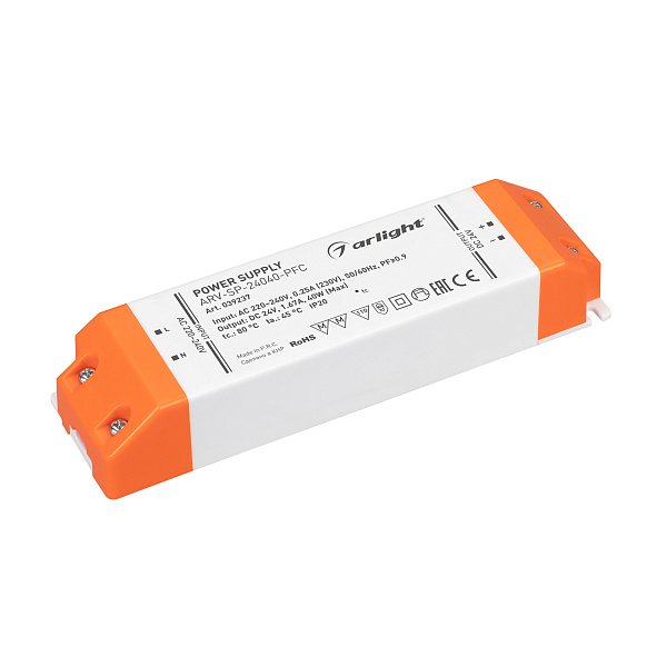 Блок питания ARV-SP-24040-PFC (24V, 1.67A, 40W) (Arlight, IP20 Пластик, 5 лет) Lednikoff