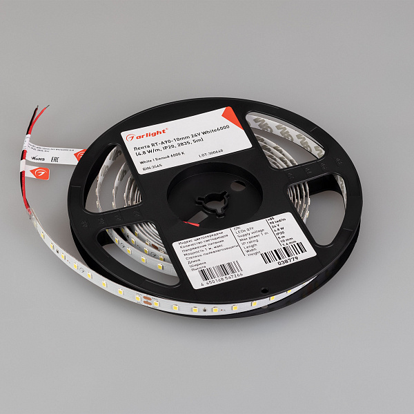 Светодиодная лента RT-A90-10mm 24V White6000 (4.8 W/m, IP20, 2835, 5m) (Arlight, высок.эфф.200 лм/Вт) Lednikoff