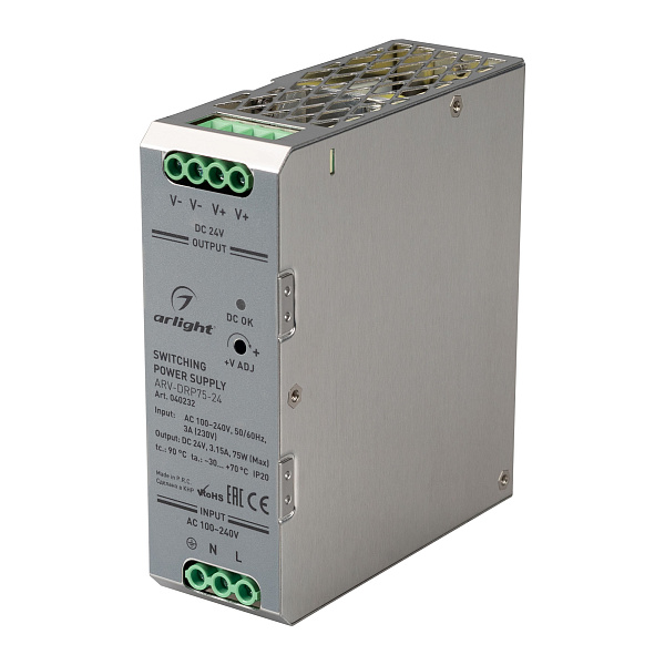 Блок питания ARV-DRP75-24 (24V, 3.15A, 75W) (Arlight, IP20 Металл, 5 лет) Lednikoff