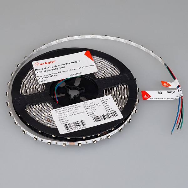 Светодиодная лента MINI-F60-5mm 24V RGB (6 W/m, IP20, 3535, 5m) (Arlight, узкая) Lednikoff