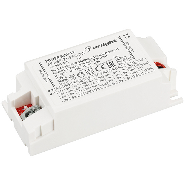 Блок питания ARJ-SP-21-PFC-INS (21W, 20-42V, 0.15-0.5A) (Arlight, IP20 Пластик, 5 лет) Lednikoff