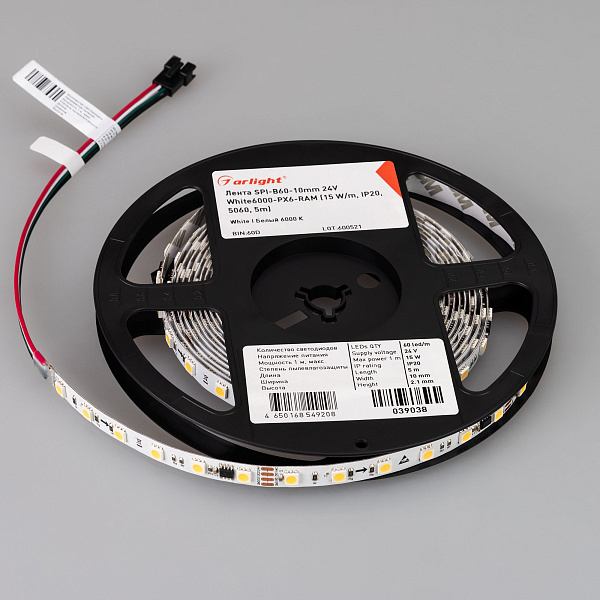 Светодиодная лента SPI-B60-10mm 24V White6000-PX6-RAM (15 W/m, IP20, 5060, 5m) (Arlight, бегущий огонь) Lednikoff