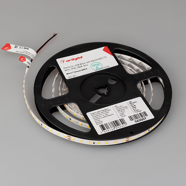 Светодиодная лента UL-A98-8mm 24V Warm3000 (10 W/m, IP20, 2835, 5m) (Arlight, 7 лет) Lednikoff