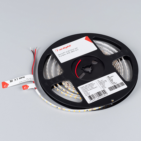 Светодиодная лента RT-A120-5mm 24V Warm3000 (9.6 W/m, IP20, 2835, 5m) (Arlight, узкая) Lednikoff