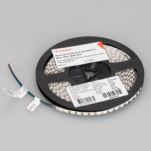 Светодиодная лента RT-G120-5mm 24V RGB (7.5 W/m, IP20, 3838, 5m) (Arlight, узкая) Lednikoff