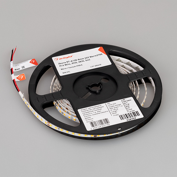 Светодиодная лента RT-A128-8mm 24V Warm2700 (10 W/m, IP20, 5m) (Arlight, высок.эфф.150 лм/Вт) Lednikoff