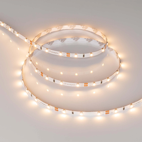 Светодиодная лента RT-A60-5mm 12V Warm3000 (4.8 W/m, IP20, 2835, 5m) (Arlight, узкая) Lednikoff