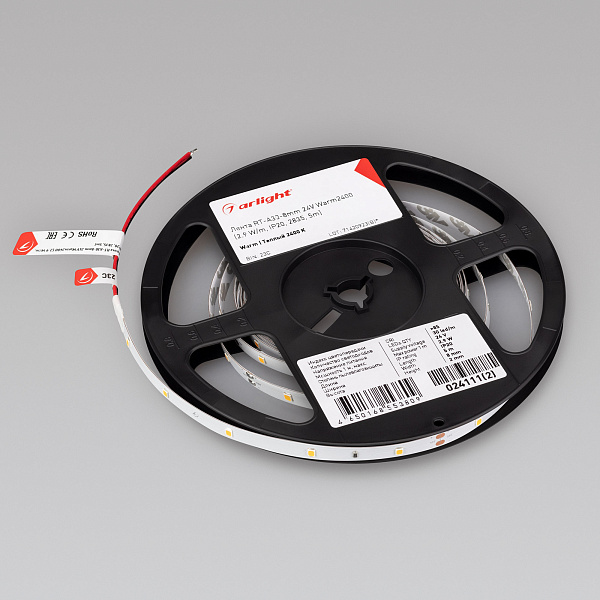 Светодиодная лента RT-A30-8mm 24V Warm2400 (2.9 W/m, IP20, 2835, 5m) (Arlight, Открытый) Lednikoff