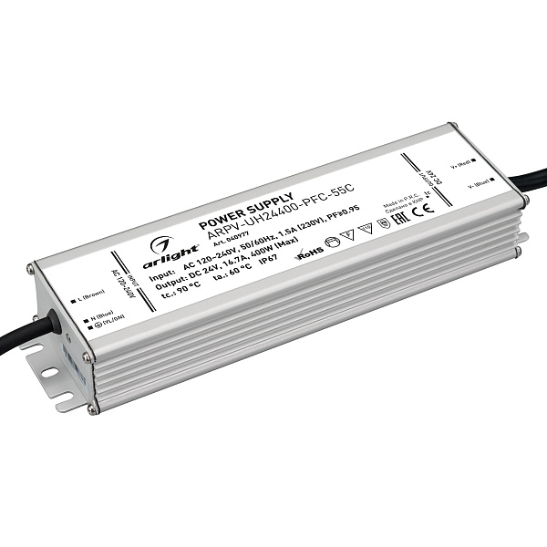 Блок питания ARPV-UH24400-PFC-55C (24V, 16.7A, 400W) (Arlight, IP67 Металл, 5 лет) Lednikoff