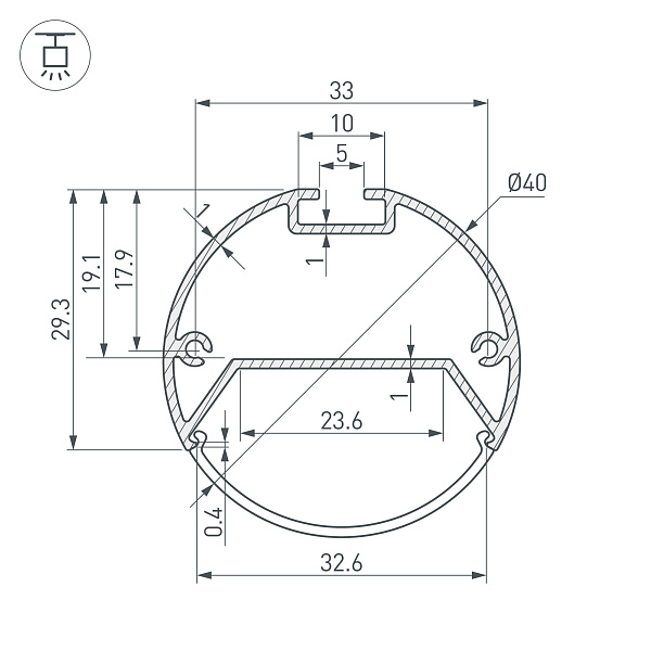 Профиль с экраном SL-ROUND-D40-2500 ANOD+OPAL (Arlight, Алюминий) Lednikoff