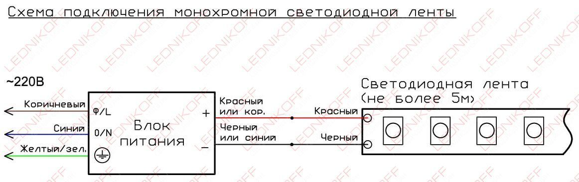 Схема подключения монохромной светодиодной ленты Схема подключения монохромной светодиодной ленты